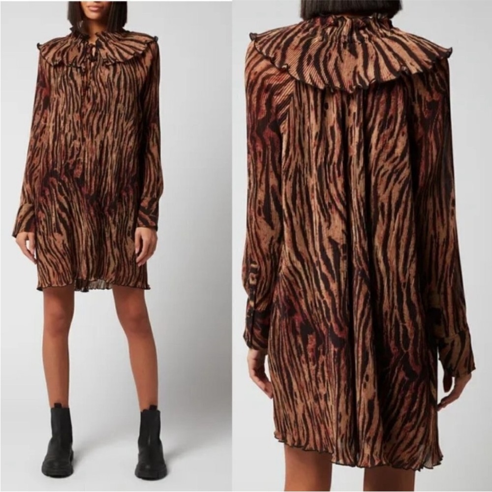 Ganni Tiger’s Eye long sleeve adjustable collar mini dress 🐅